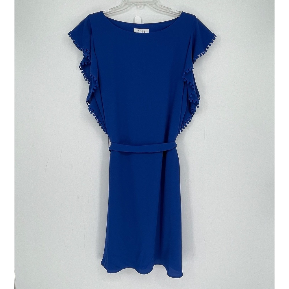 Elle Women's NWT Royal Blue Pom Pom Trim Flutter Sleeve Boho Shift Dress Size L